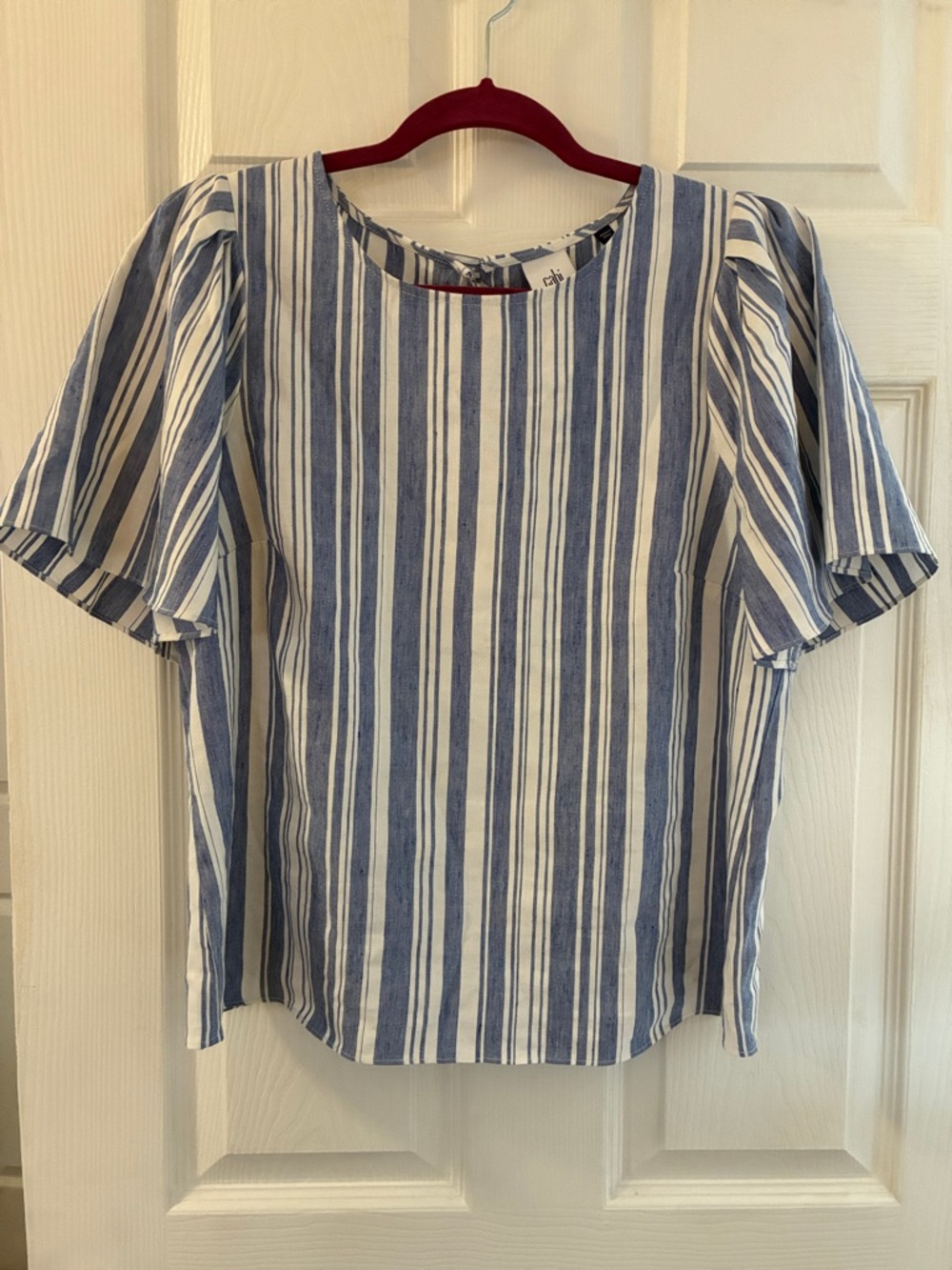 cabi Blue and White Vertical Stripe Short Sleeve Blouse